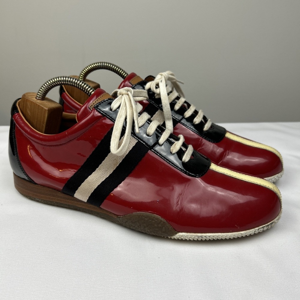 Bally Mens Sneakers 10D Red Freenew 508 Patent Leather Shoes Striped Lace Up